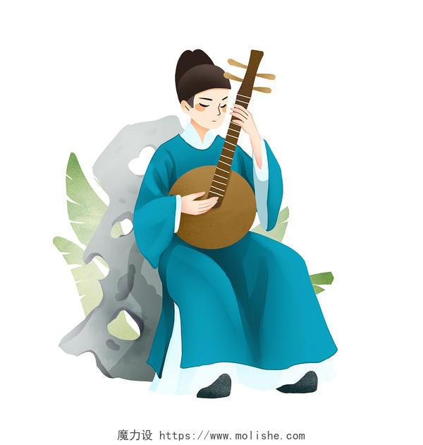 卡通手绘古风人物弹奏中阮的古装男子人物素材音乐元素